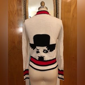 One of a kind vintage striped Charlie Chaplin embroidered zip up cardigan, Small